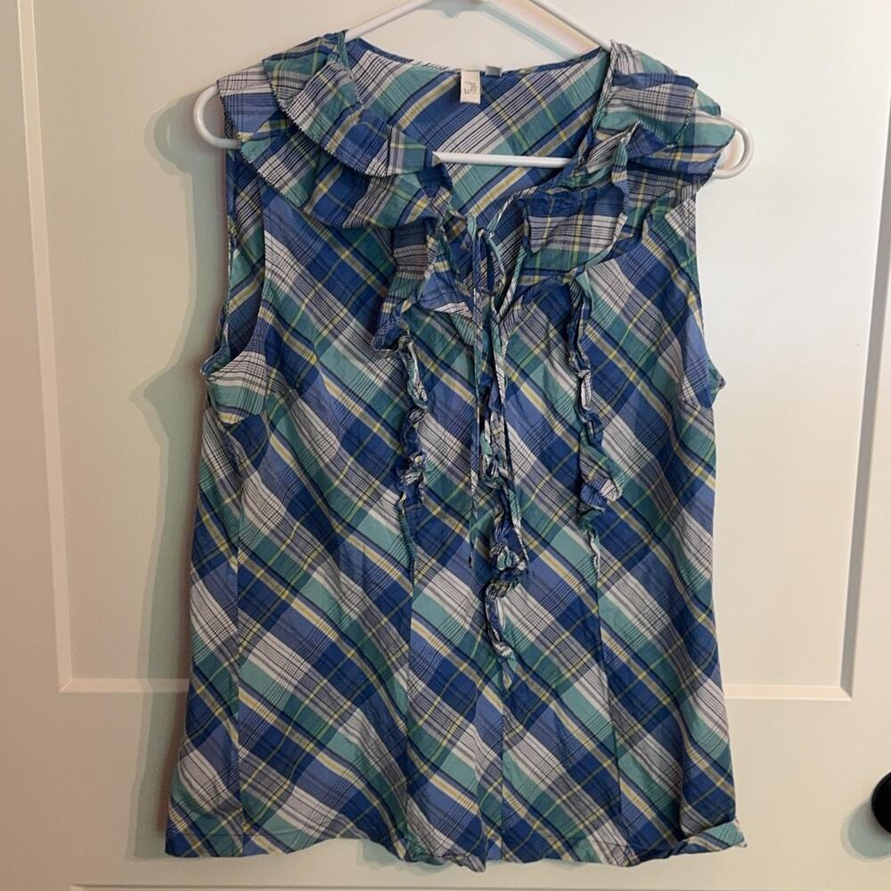 Fossil Blouse Womens XL Blue Plaid Ruffle Neck Sleeveless Cotton Top Y2K 90's